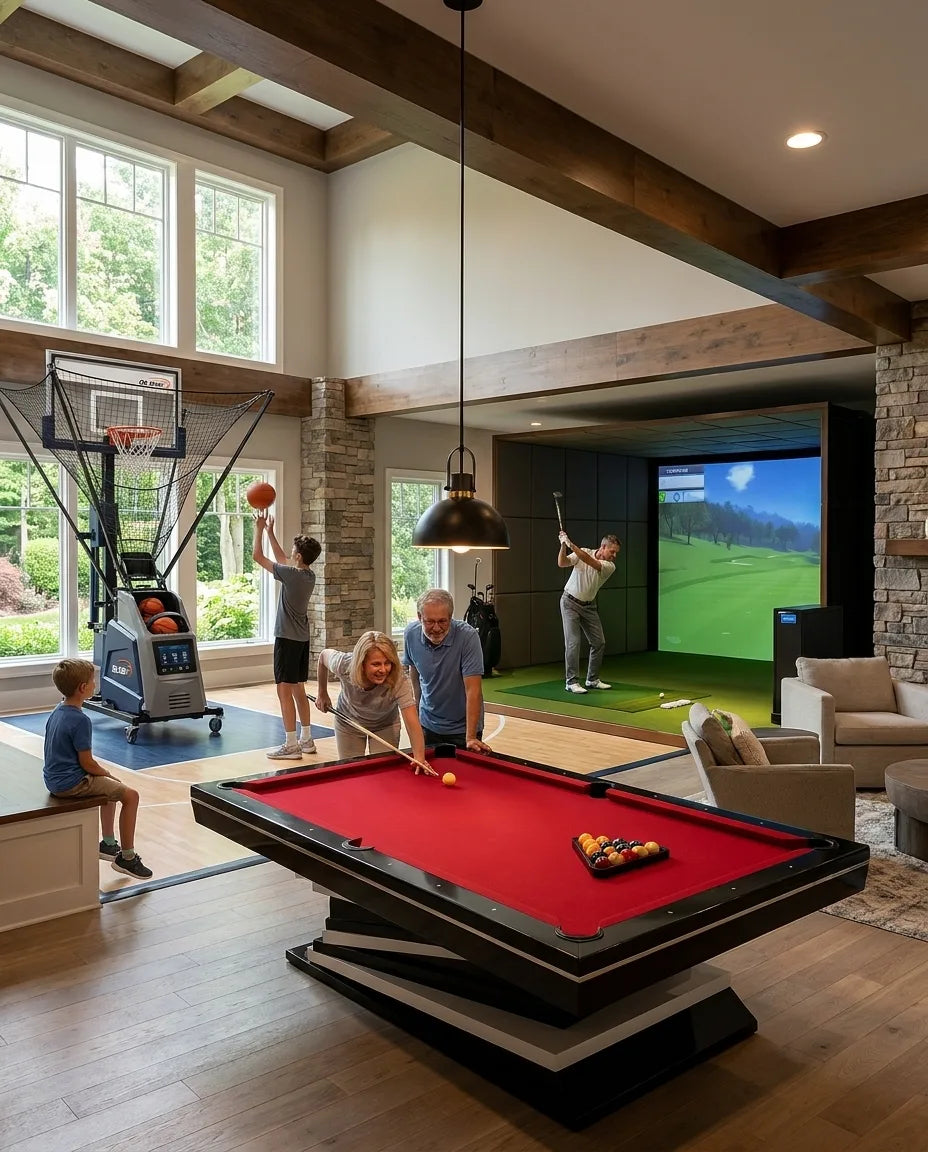 Store collections represented by Basketball Shooting Machines, Best Sellers, Golf Simulators, Pool Tables
